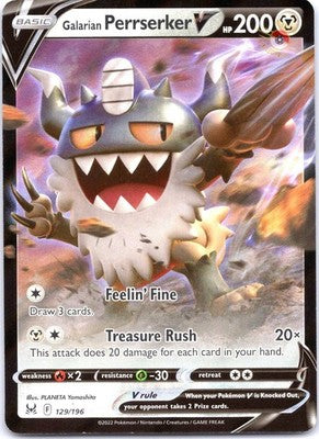 Galarian Perrserker V 129/196 V Rare Holofoil Lost Origin Pokemon Card NM TCG