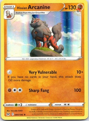 Hisuian Arcanine 084/196 Holo Rare Lost Origin Pokemon LP