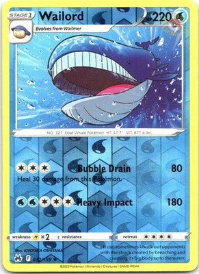 Wailord 032/159 Rare Crown Zenith Pokemon Reverse Holo Near Mint