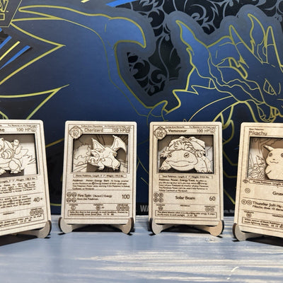 Pokémon Handcrafted Wooden Card Art Set Blastoise Charizard Venusaur Pikachu