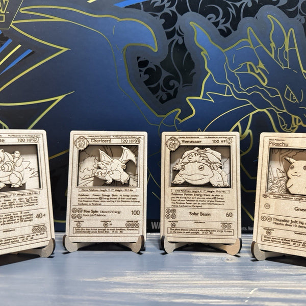 Pokémon Handcrafted Wooden Card Art Set Blastoise Charizard Venusaur Pikachu